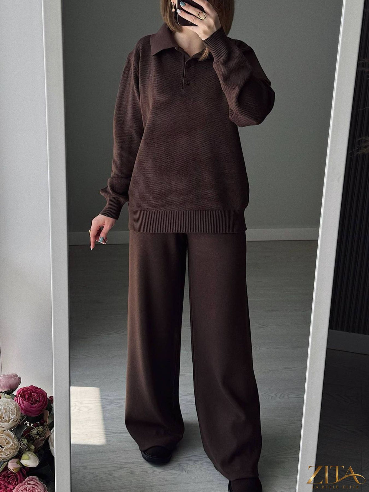 Zita La Belle Elite knit set featuring a polo collar top and matching pants or skirt, stylish and comfortable for everyday wear.