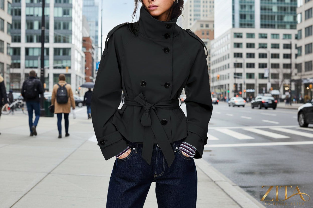 Women’s lace-up waist trench coat by Zita La Belle Elite, stylish jacket with lace-up details and classic trench design.