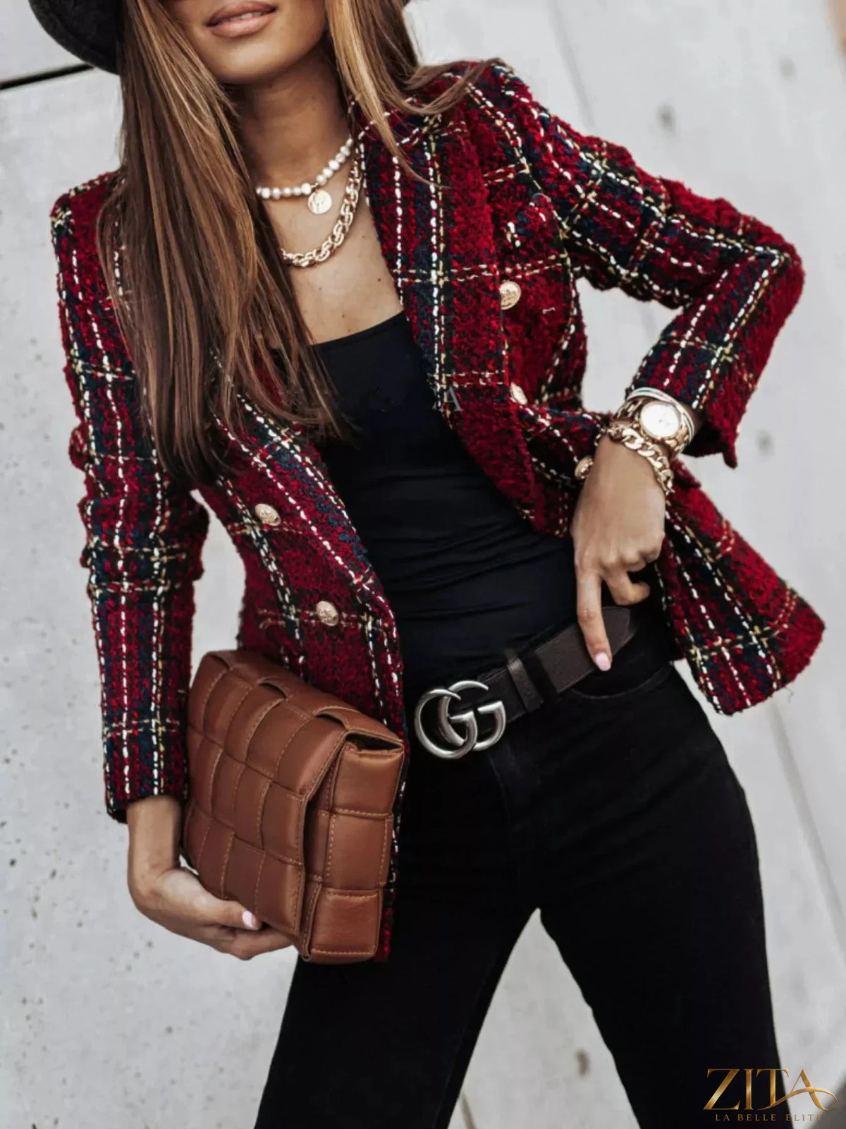 Plus size plaid tweed double-breasted blazer by Zita La Belle Elite, featuring a full-size fit and classic checkered pattern.