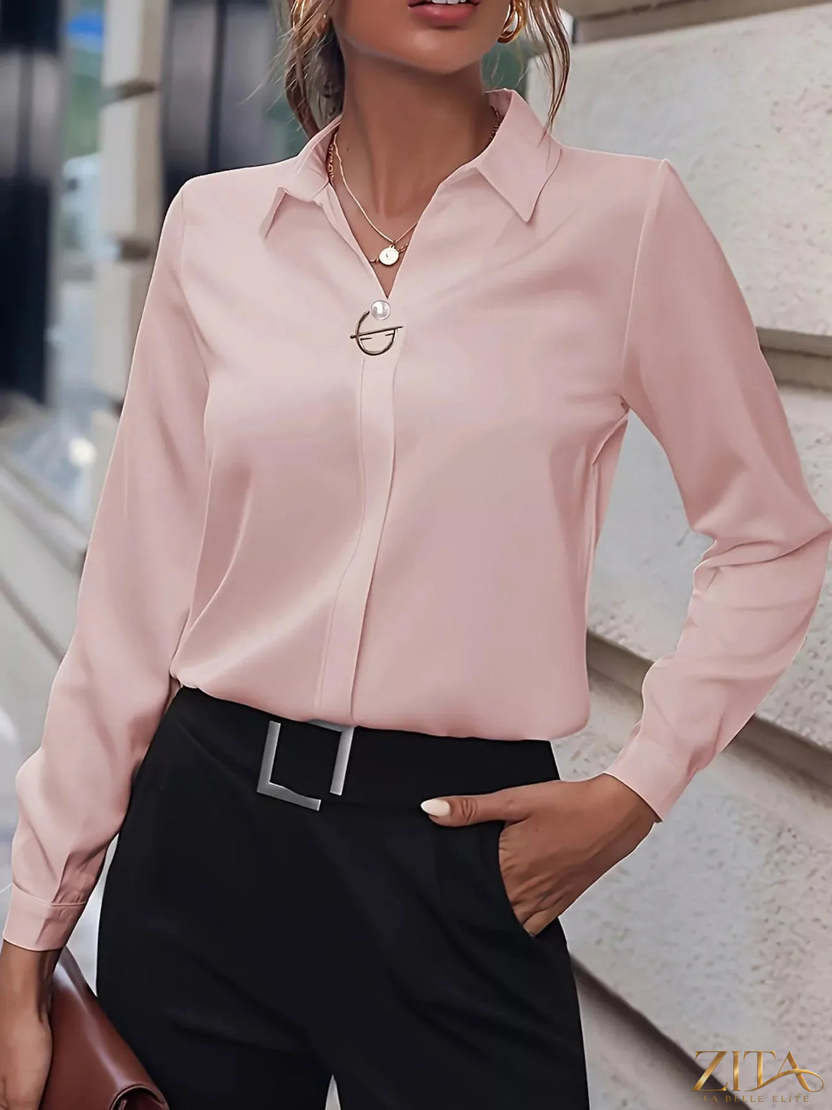 Long sleeve satin blouse by Zita La Belle Elite, featuring a smooth, shiny fabric and elegant design.