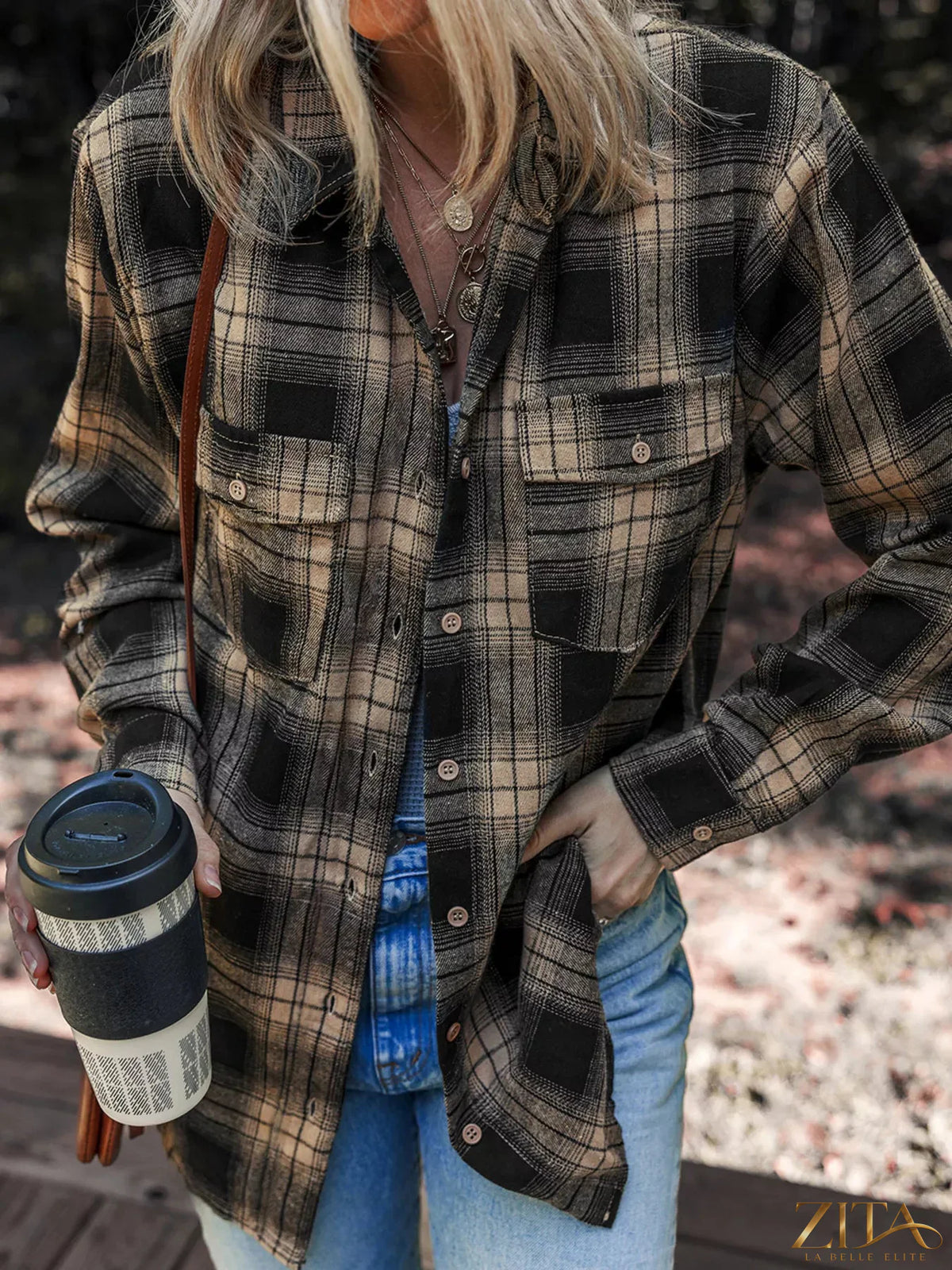 Zita La Belle Elite plaid brushed shacket with double flap pockets, featuring a stylish double front flap design and cozy fabric.
