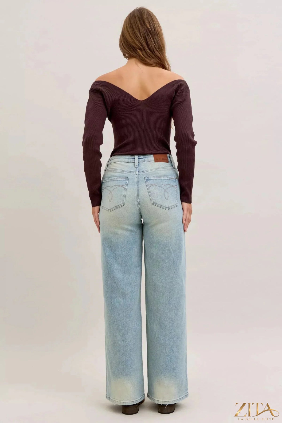 Zita La Belle Elite Judy Blue high waist column straight jeans displayed on a model, showcasing a fitted high-rise design and classic denim look.