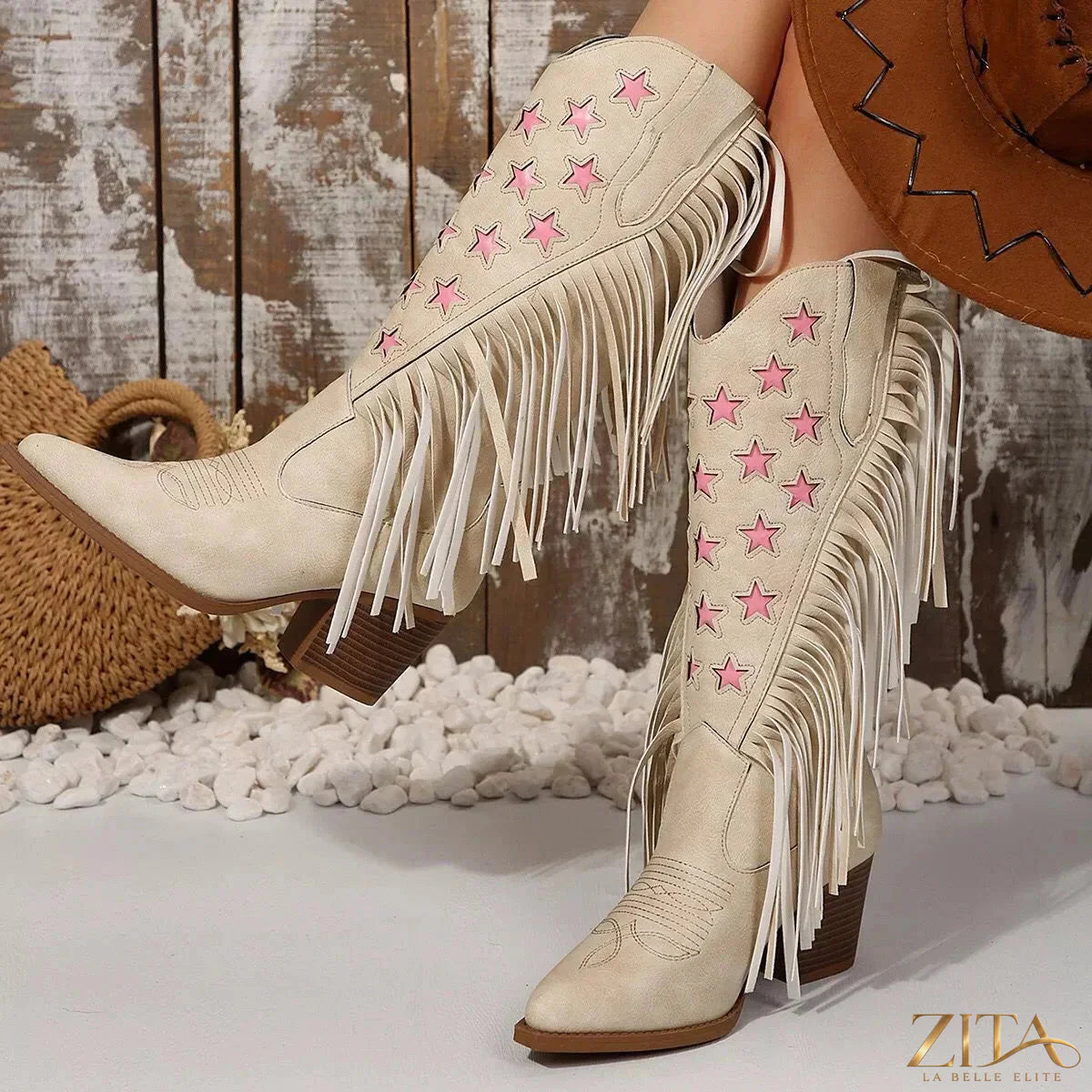 Zita La Belle Elite Star Fringe Block Heel Boots featuring black leather, star embellishments, and stylish fringe details.