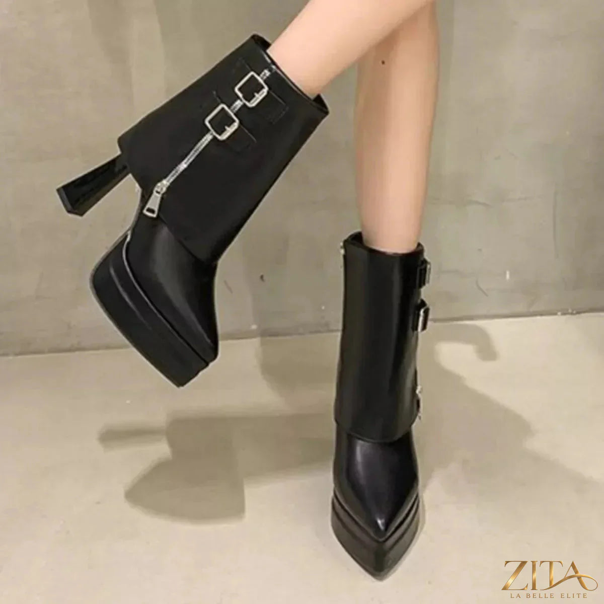 Zita La Belle Elite point toe block heel boots with sleek design and sturdy heels, stylish footwear for women.