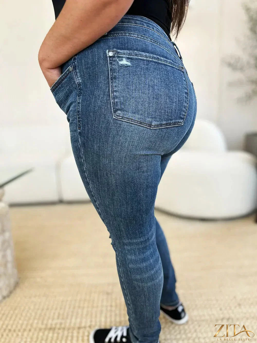 Zita La Belle Elite Judy Blue full-size mid waist distressed slim jeans with frayed details and a fitted silhouette.