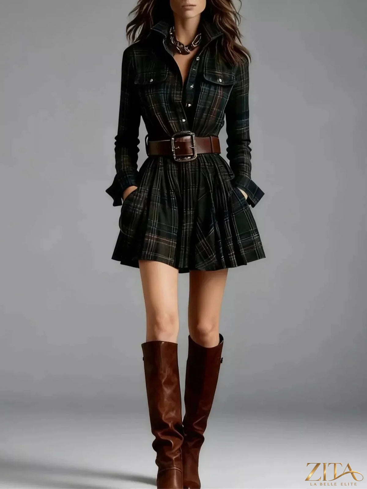 Zita La Belle Elite plaid long-sleeve shirt dress with collar and button front, featuring a stylish checkered pattern.