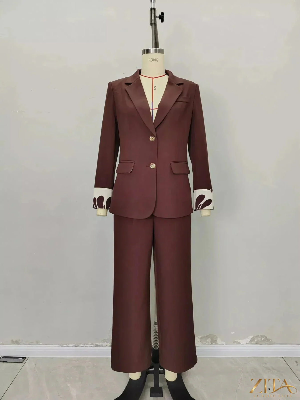 Zita La Belle Elite lapel collar blazer and wide-leg pants set, tailored black suit ensemble, front view with lapel detail