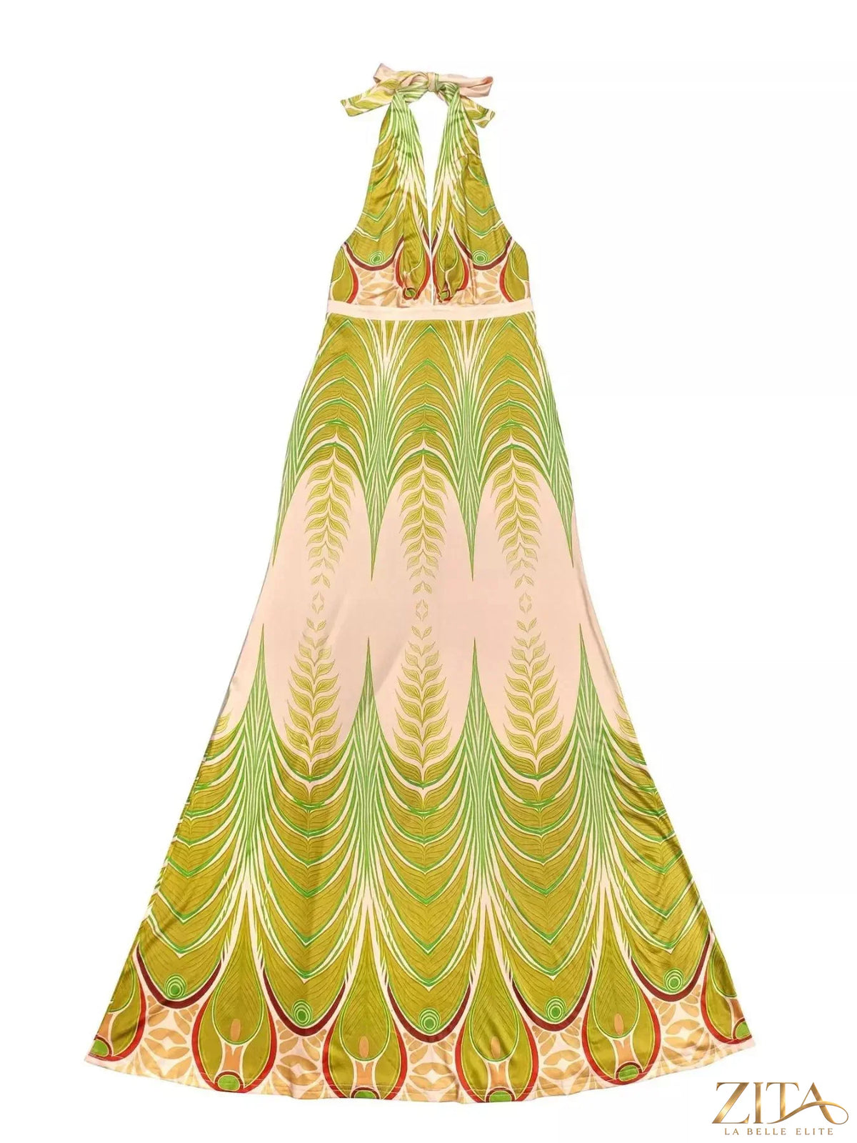 Elegant Zita La Belle Elite halter neck maxi dress with a gradient leaf print, flowing fabric and stylish design.