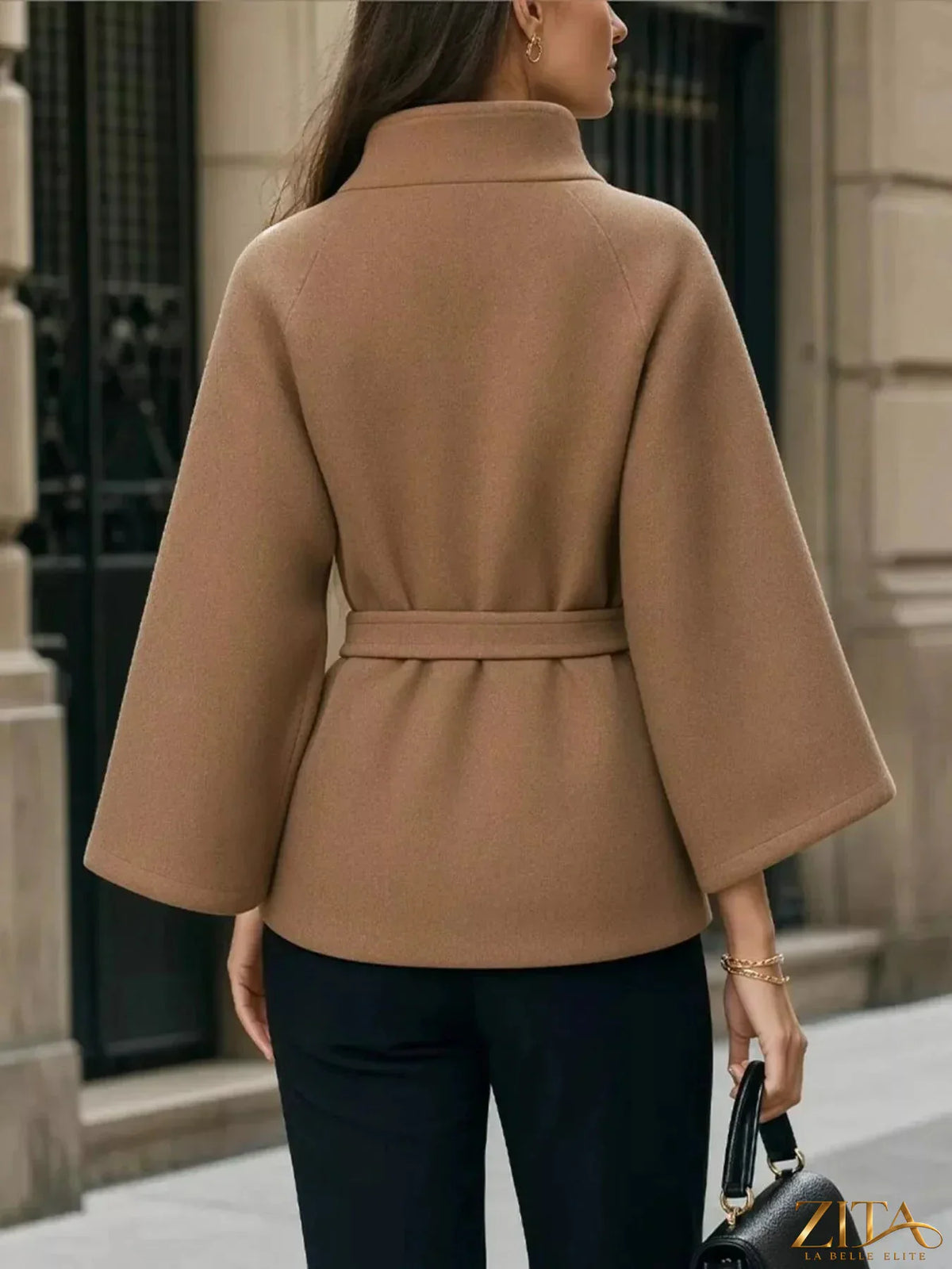 Zita La Belle Elite button-down cape coat with belted waist, stylish outerwear featuring a sleek design and elegant detailing.