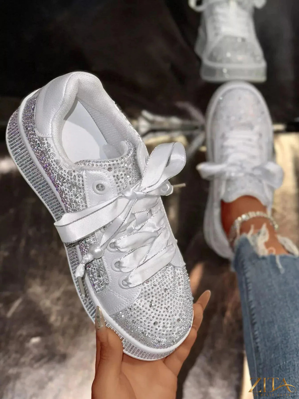 Zita La Belle Elite round toe rhinestone sneakers with sparkling embellishments and white rubber soles, stylish and comfortable footwear.