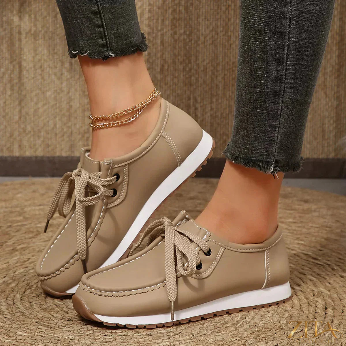 Zita La Belle Elite round toe lace-up sneakers in white with rubber soles and stylish design for casual wear.