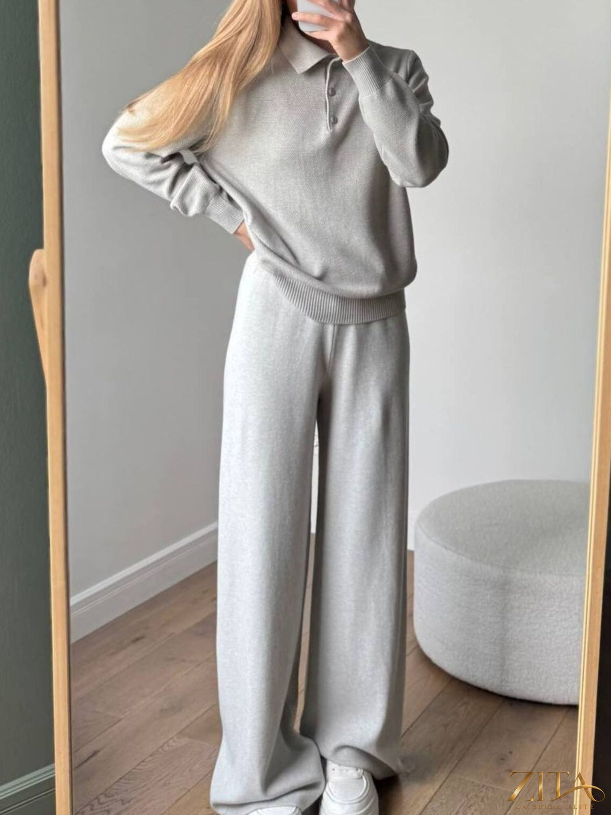 Zita La Belle Elite polo collar knit top with matching pants or skirt set, featuring a stylish, coordinated knitwear ensemble.
