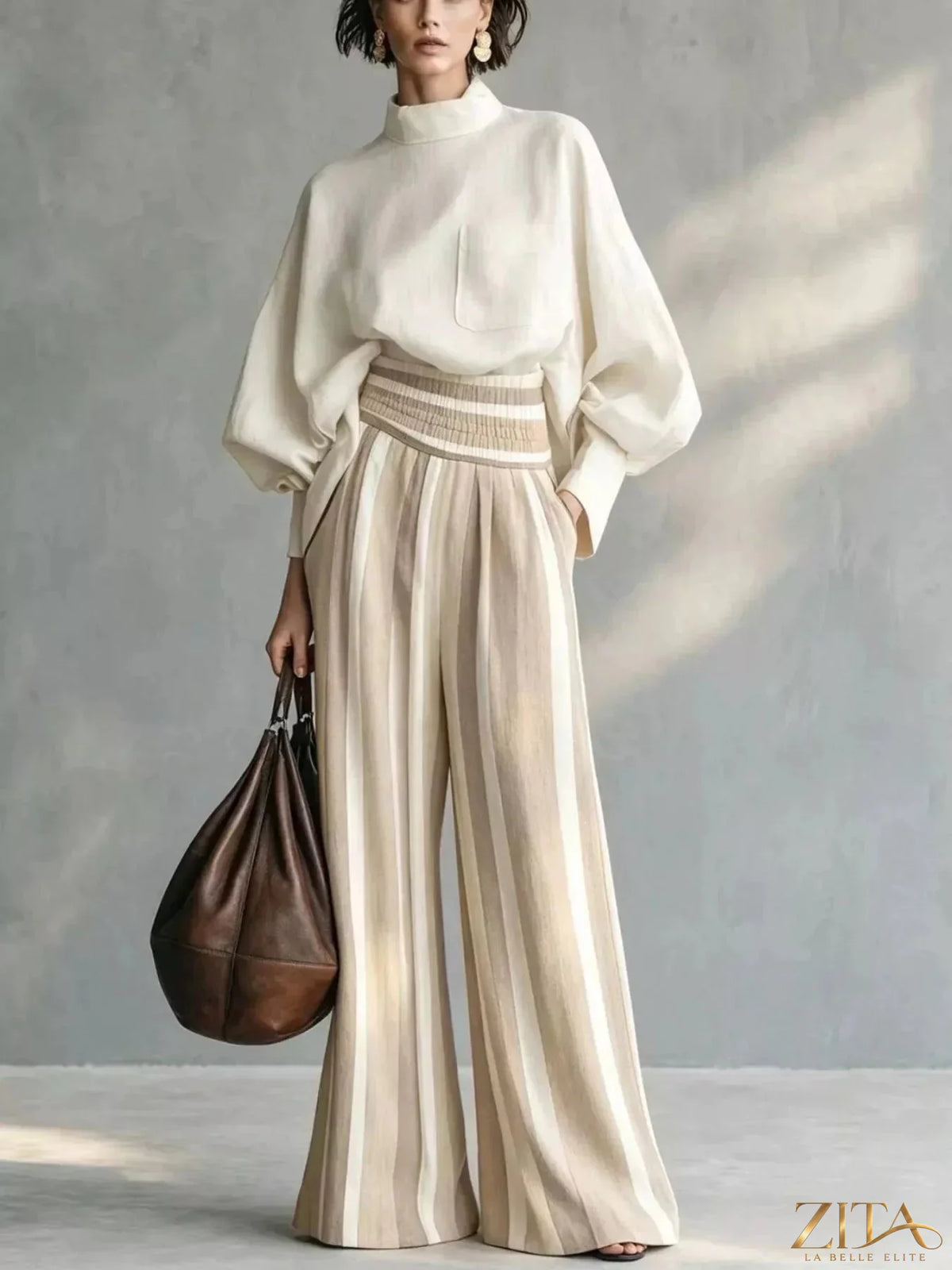 Plus size Trendsi full size mock neck top and striped wide-leg pants set, featuring a matching long-sleeve top and flowy pants.