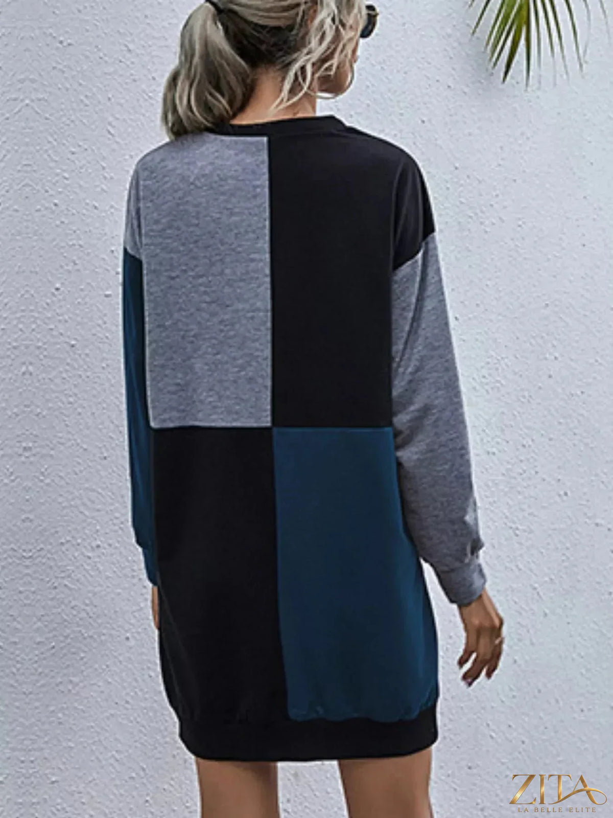 Color block casual long sleeve mini dress by Zita La Belle Elite, featuring vibrant color blocking and a stylish, relaxed fit.