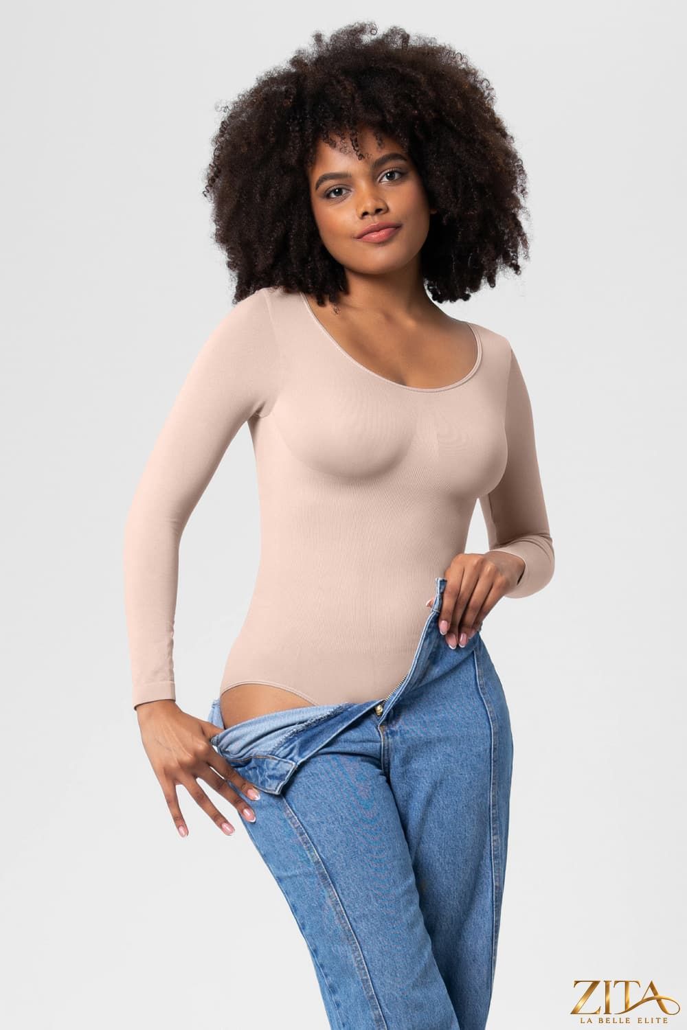 Zita La Belle Elite long sleeve shaping bodysuit showcasing a fitted black fabric with smooth, seamless design and high neckline.