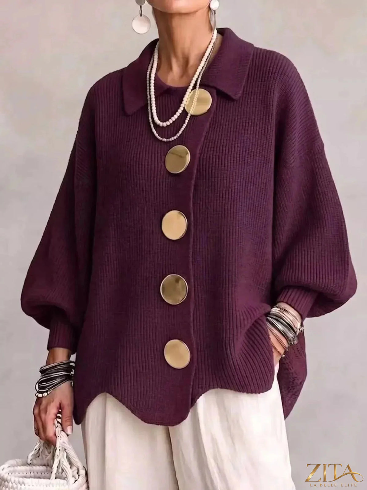 Plus size ribbed knit cardigan with gold buttons from Zita La Belle Elite, featuring a full-size fit and cozy textured fabric.