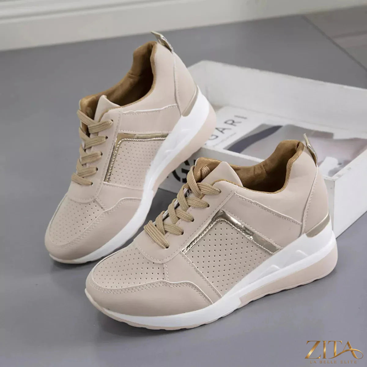 Zita La Belle Elite lace-up wedge sneakers with white and beige design, featuring a stylish chunky sole and casual sneaker style.