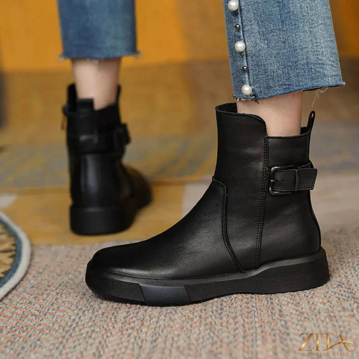 Zita La Belle Elite round toe platform boots with chunky heels and sleek black leather finish.