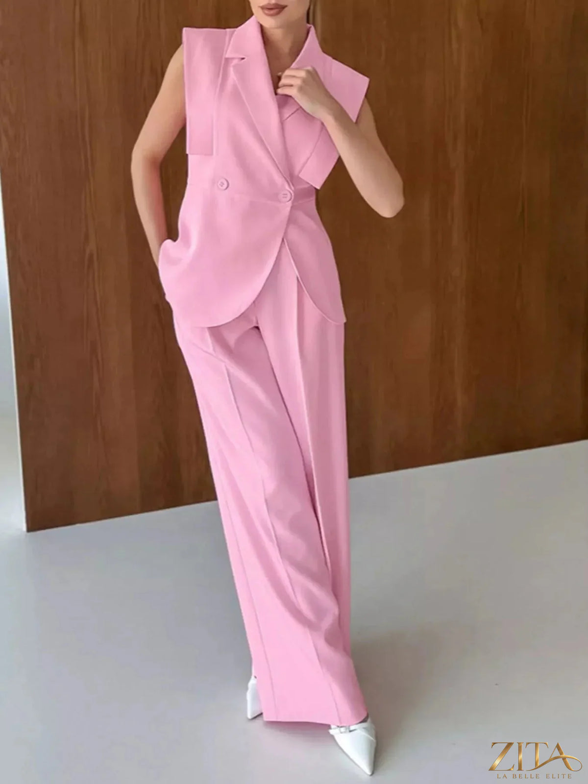 Zita La Belle Elite sleeveless blazer and wide-leg pants two-piece set, stylish modern fashion displayed on a model.