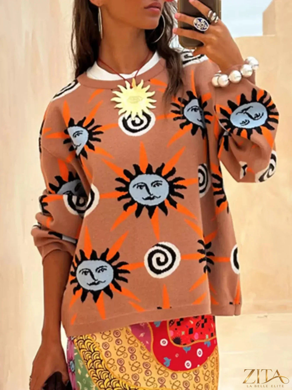 Zita La Belle Elite sun graphic top, matching cardigan and pants 3-piece sweater set, casual kid's clothing with bright sun design