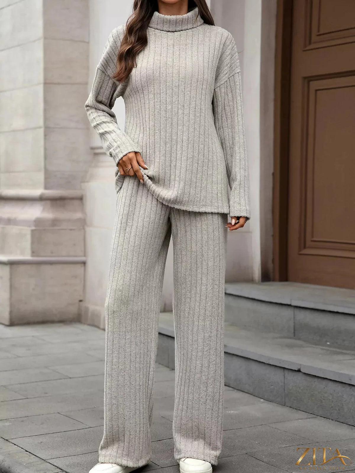 Zita La Belle Elite ribbed turtleneck sweater set with dropped shoulder top and matching pants, in a cozy knit fabric.