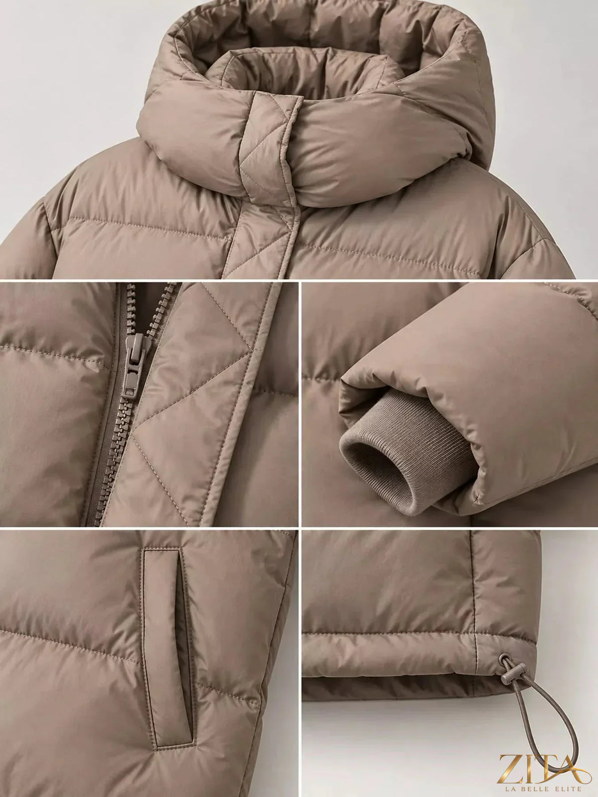 Zita La Belle Elite quilted hooded puffer jacket with insulated design and front zipper, displayed on a mannequin.