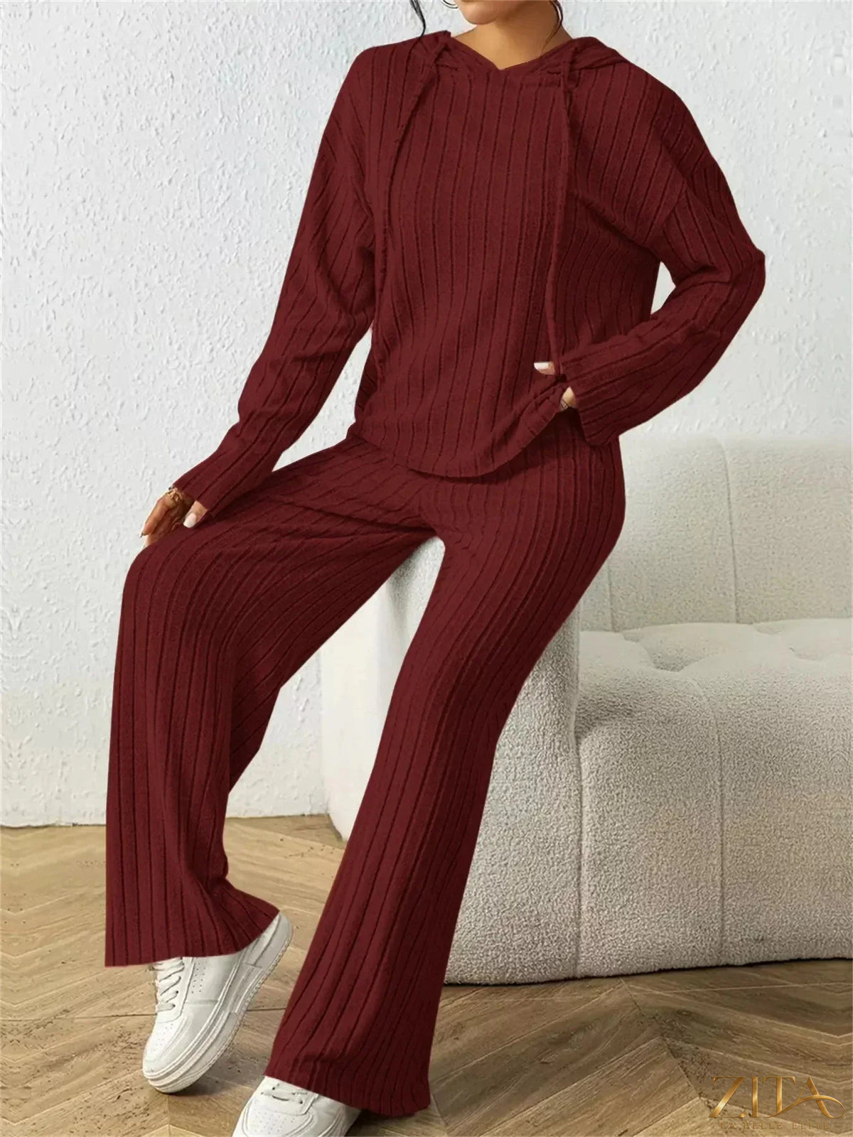 Zita La Belle Elite ribbed hoodie and pants set with drawstring, featuring a comfortable, fitted design in neutral tones.