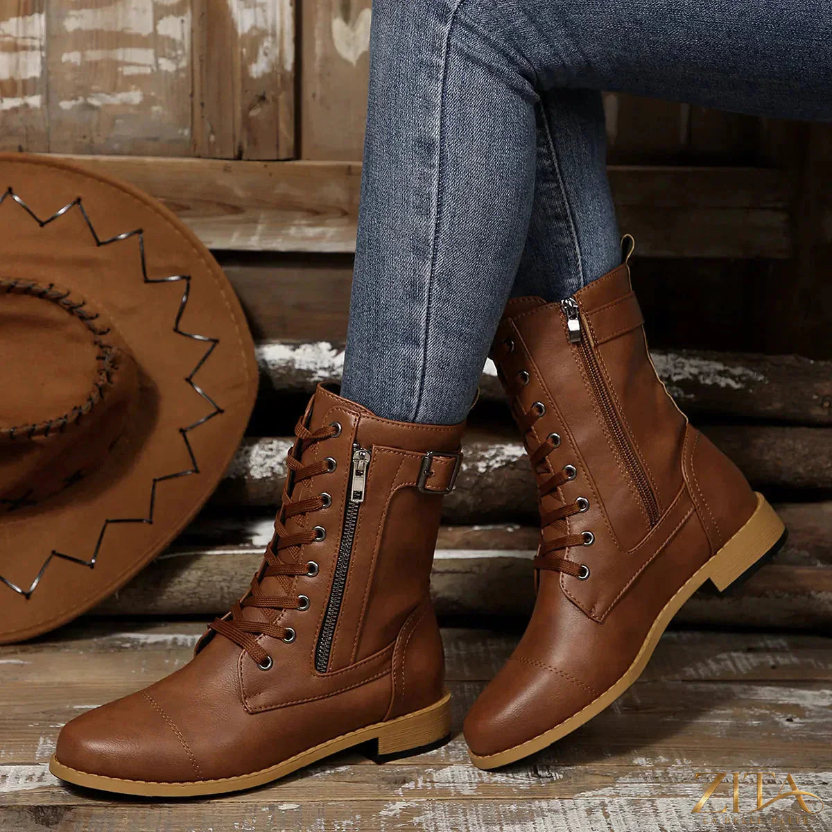 Zita La Belle Elite round toe lace-up block heels boots with sturdy heel and stylish design, shown in black leather.