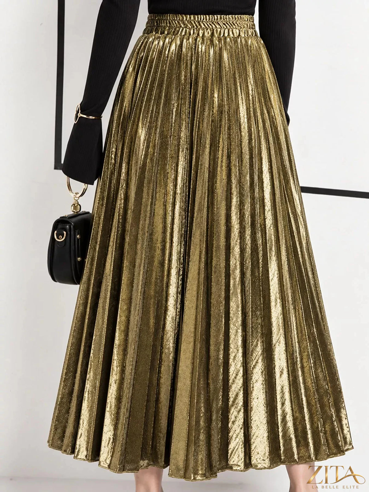 High-waisted pleated maxi skirt from Trendsi, flowing fabric with elegant pleats, styled for a chic, sophisticated look.