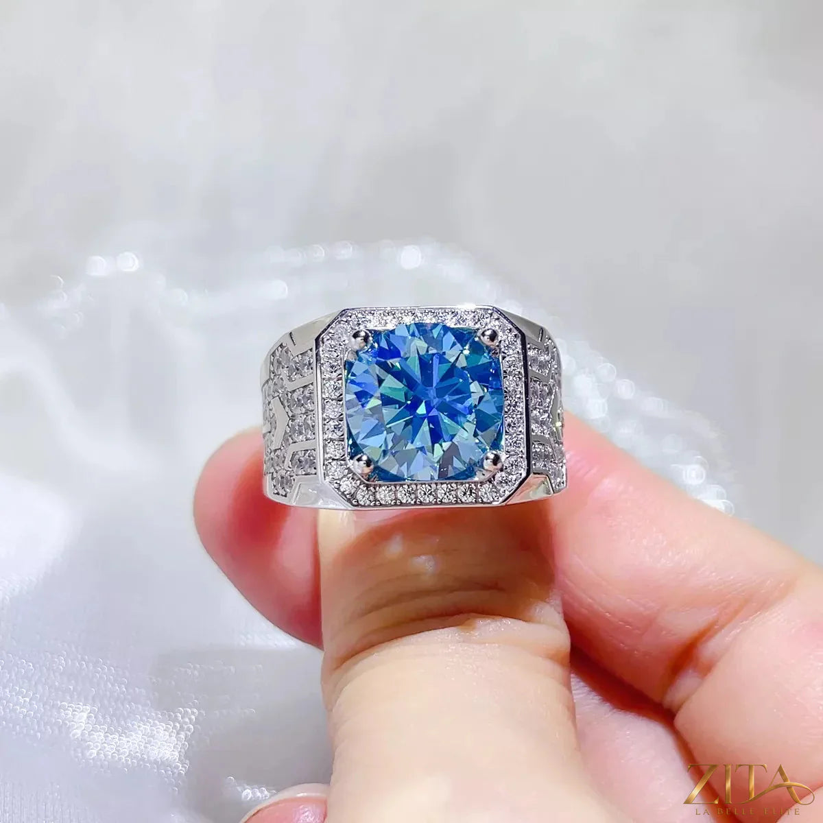 Sterling silver moissanite engagement ring with a 3-carat center stone, featuring elegant design and sparkling brilliance.