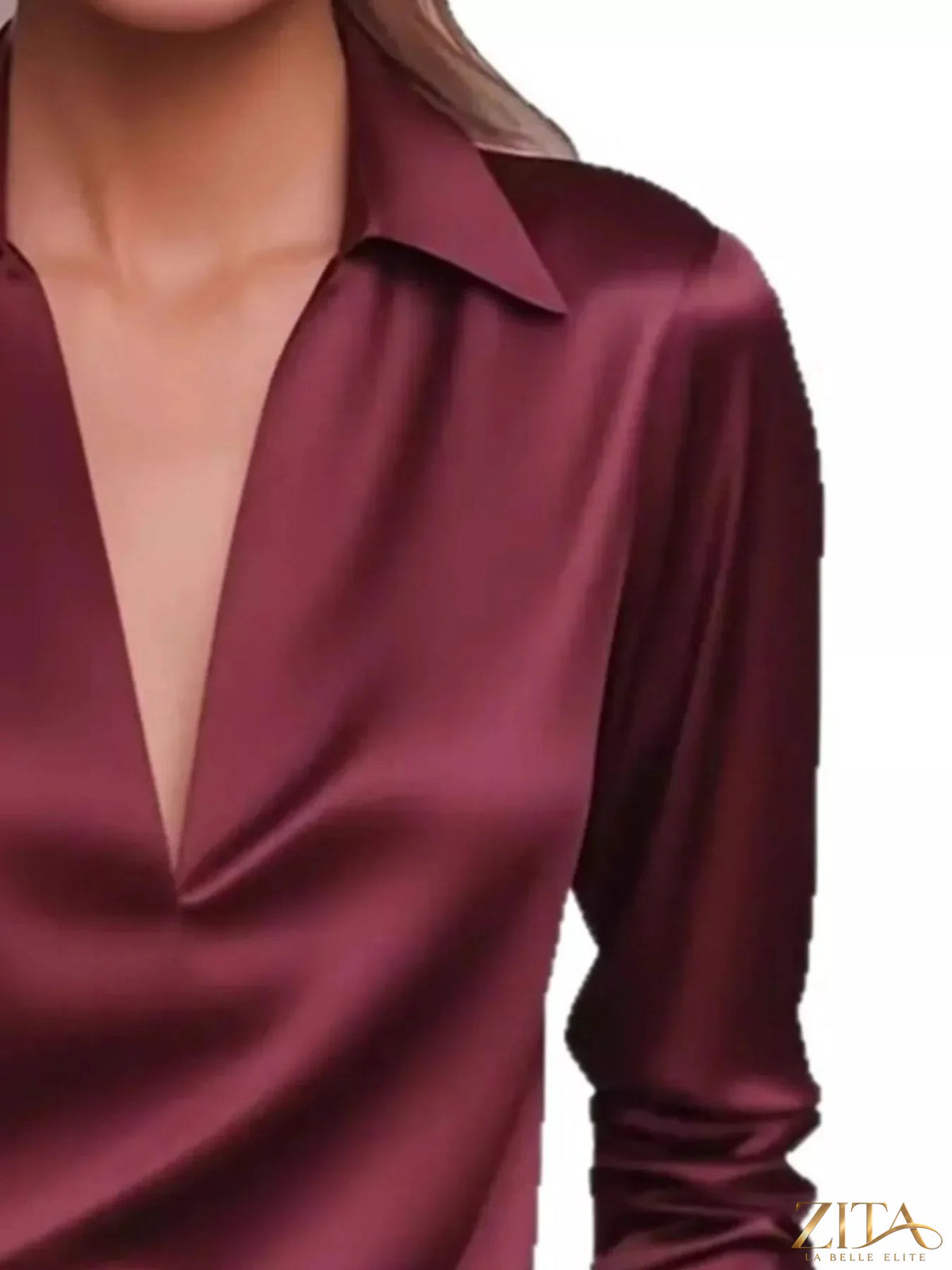 Zita La Belle Elite satin Johnny collar long sleeve blouse in soft fabric, featuring a classic collar and elegant long sleeves.