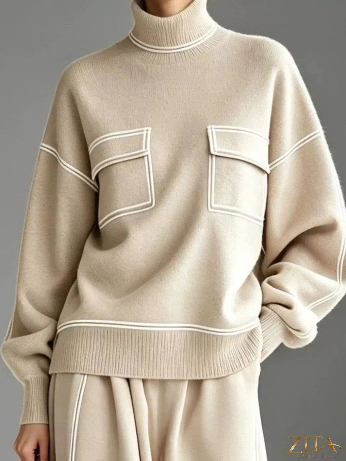 Zita La Belle Elite turtleneck knit top and midi skirt set in cozy, stylish fabric, perfect for a chic layered look.