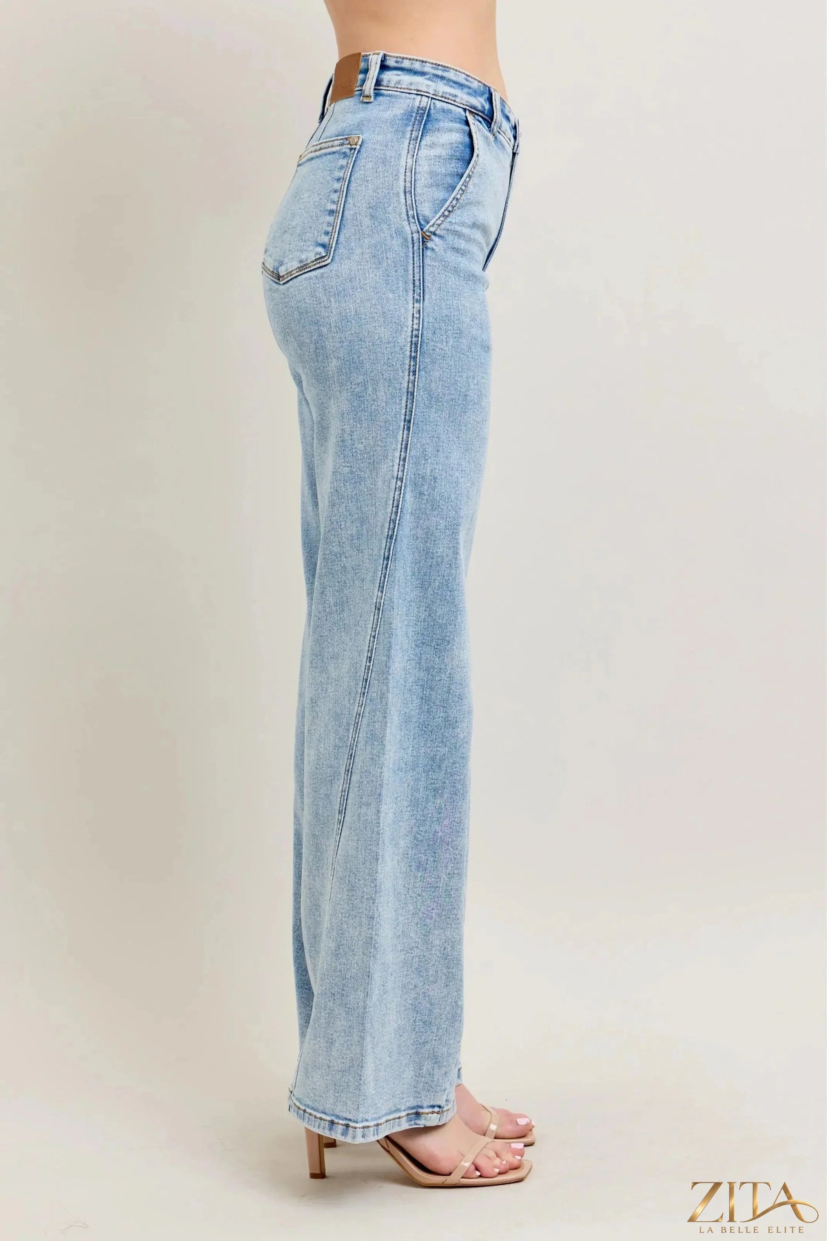 Zita La Belle Elite Judy Blue high waist wide leg jeans with skewed inseam, showcasing denim fabric and stylish fit.