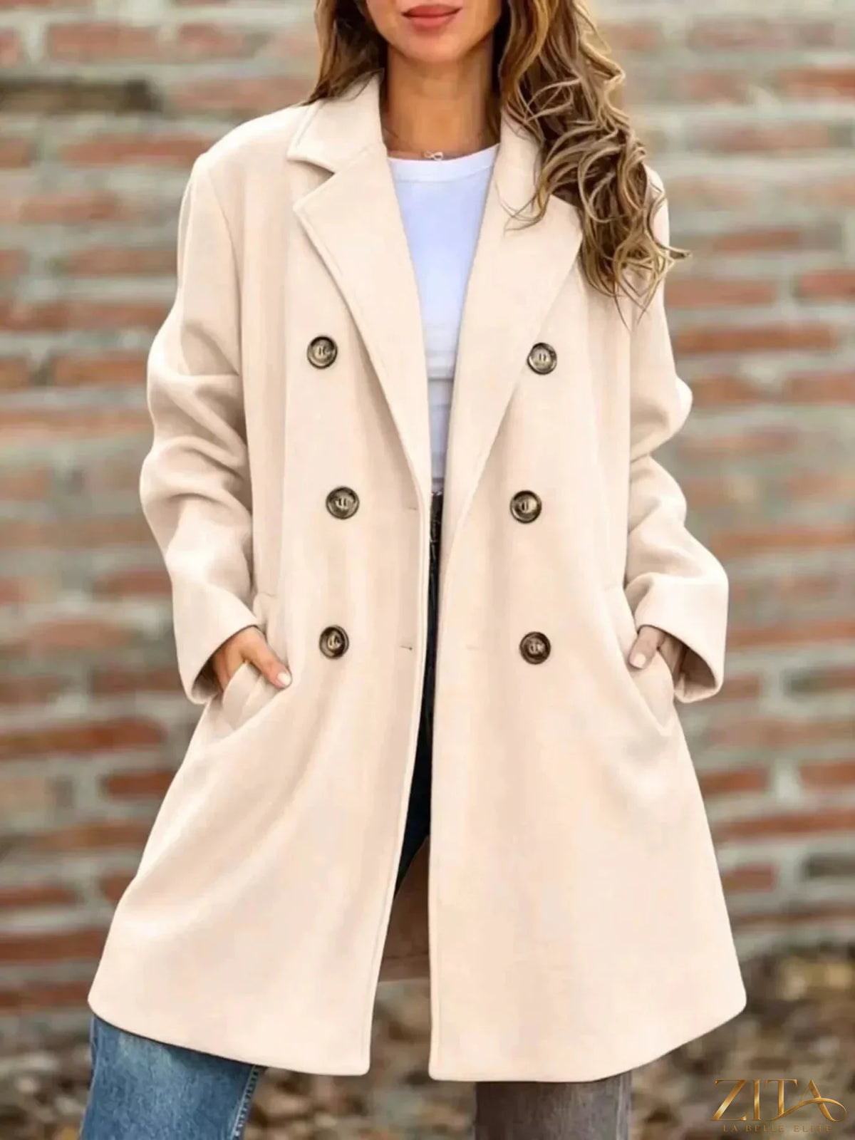 Plus size double-breasted coat with lapel collar by Zita La Belle Elite, featuring a full-length design and classic style.