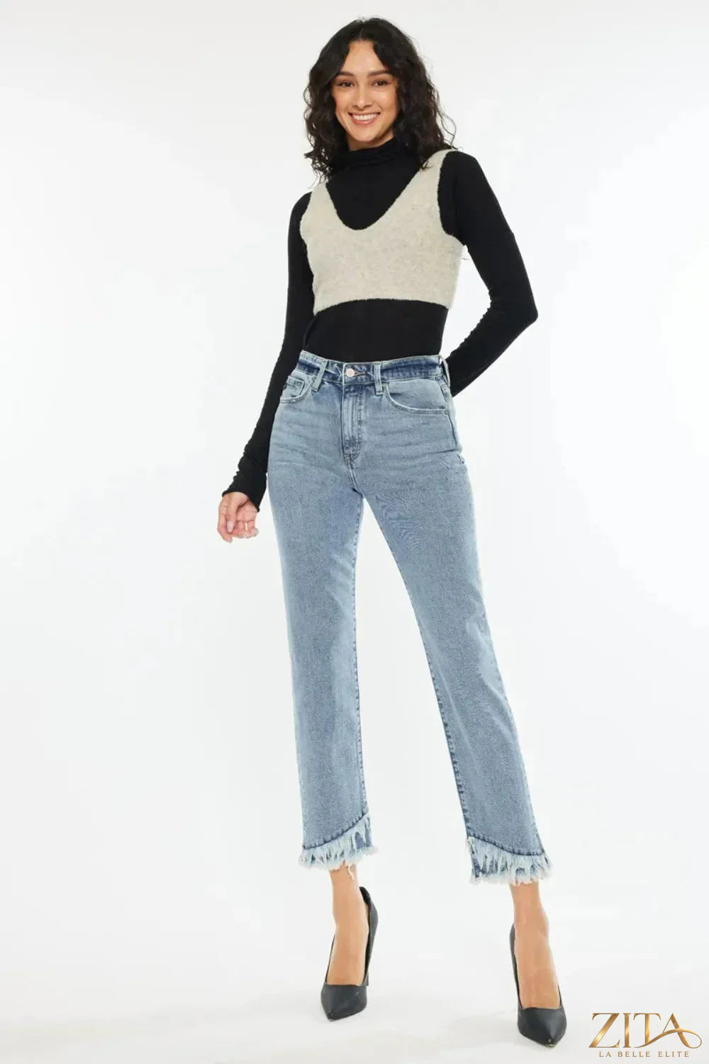 Zita La Belle Elite Kancan raw hem high rise straight jeans shown on a model with a casual outfit and rolled-up cuffs.