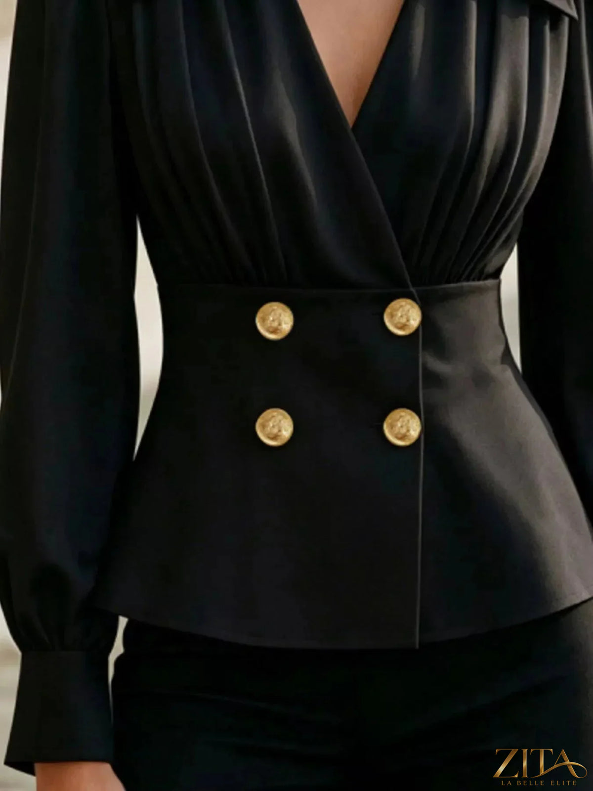 Zita La Belle Elite double-breasted peplum blouse with gold buttons, featuring a tailored fit and stylish design.