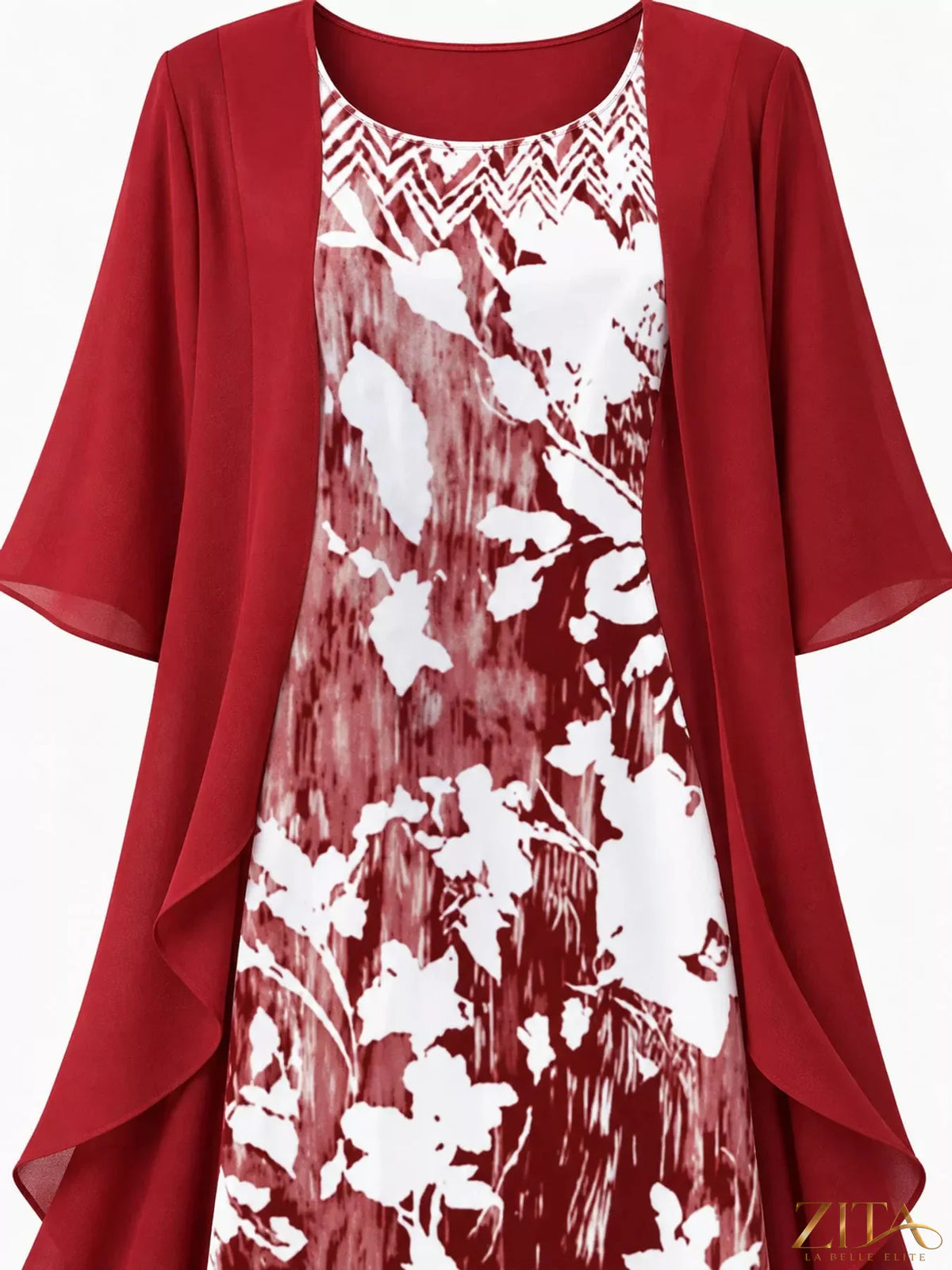 Plus size floral print midi dress and chiffon cardigan set by Zita La Belle Elite, featuring vibrant floral patterns and lightweight fabric.