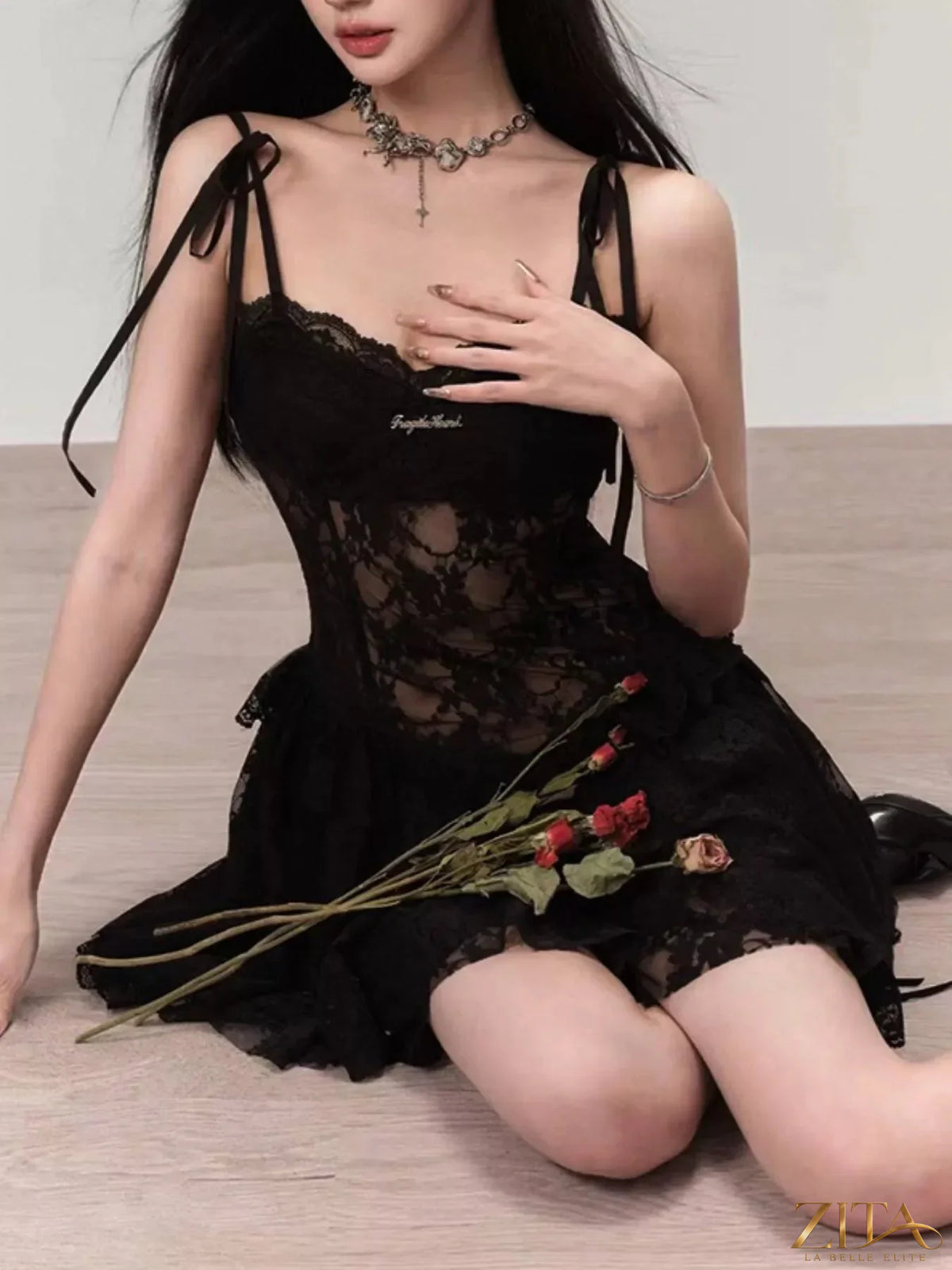 Zita La Belle Elite lace tie shoulder mini dress featuring delicate lace details and a fitted silhouette for a stylish look.