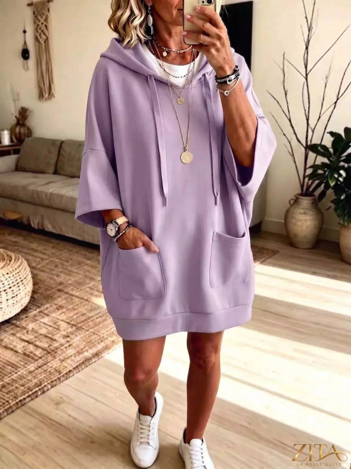 Plus size Zita La Belle Elite oversized drawstring hoodie with front pockets, soft fabric, and relaxed fit for casual comfort.