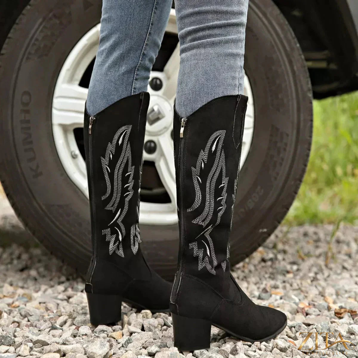 Zita La Belle Elite point toe block heel boots featuring sleek design and stylish silhouette, ideal for fashionable winter or fall wear.