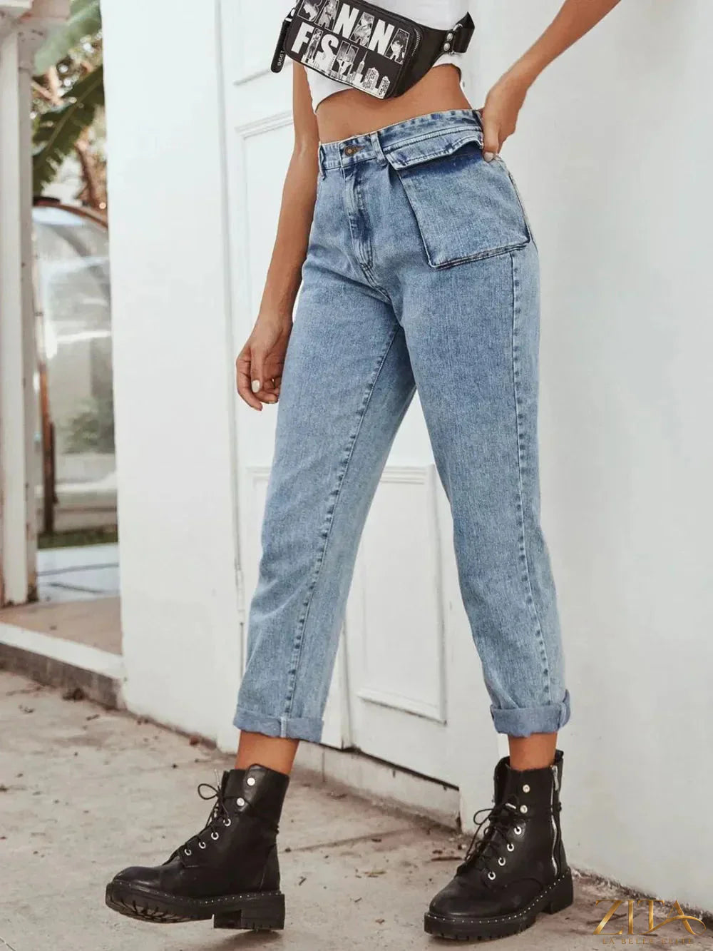 Zita La Belle Elite high waist straight leg jeans displayed on a model, showcasing classic denim fit and style.