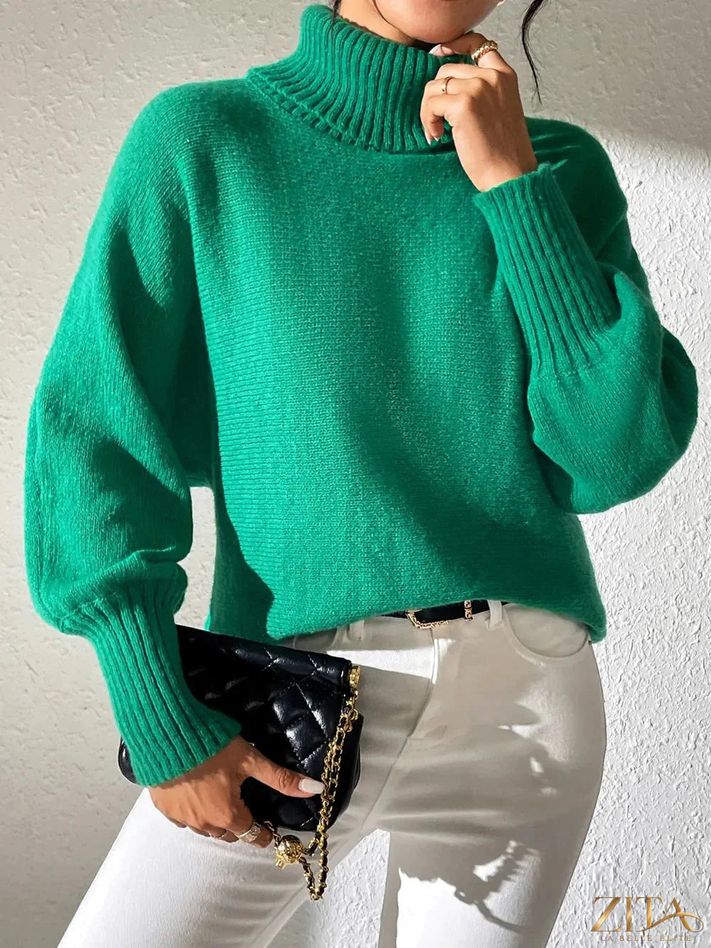 Zita La Belle Elite turtleneck long sleeve sweater in soft knit, close-up view of the black cozy, fitted design.