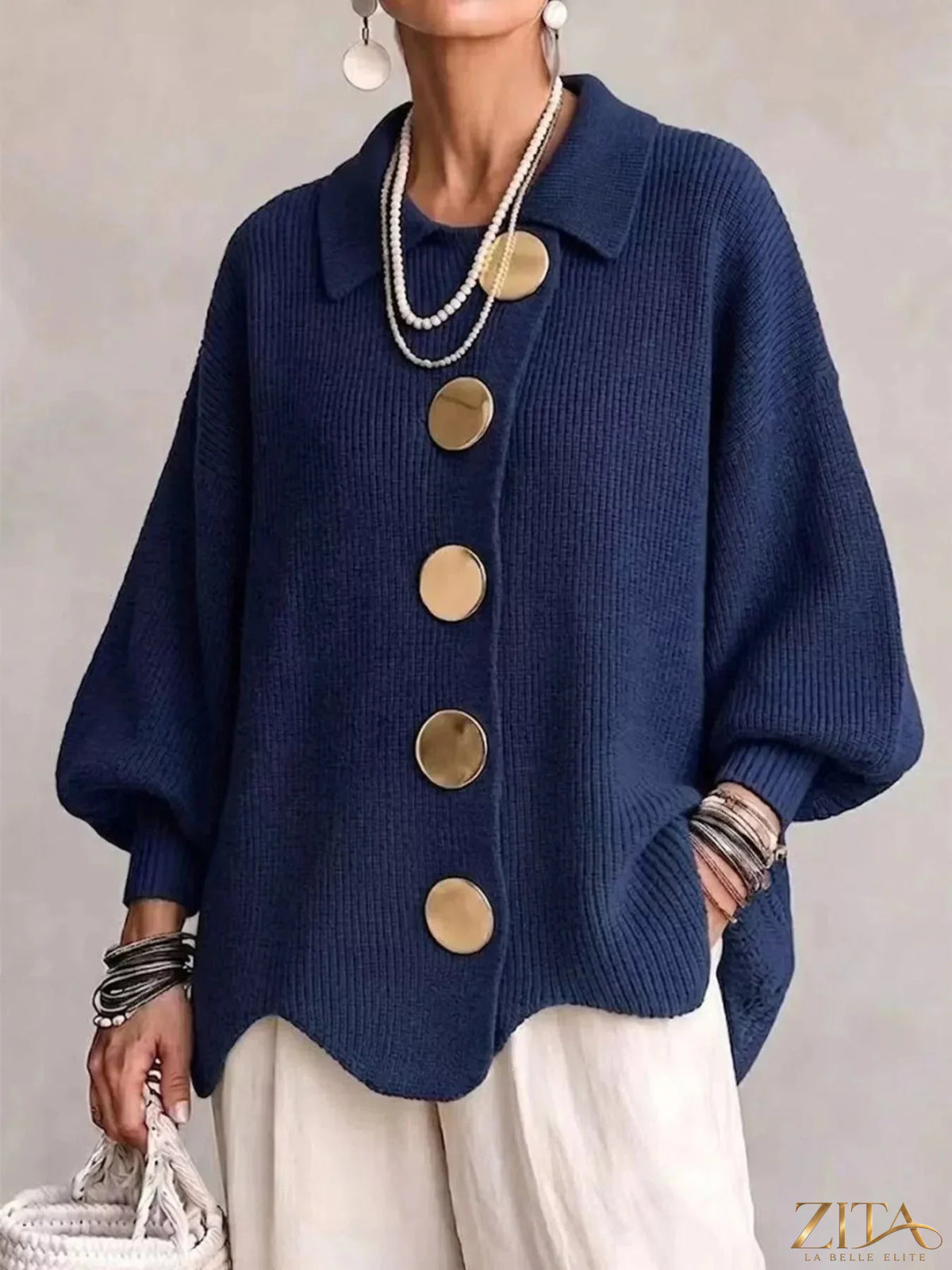Plus size gold button ribbed knit cardigan by Zita La Belle Elite, featuring a full-size fit and textured ribbed fabric.