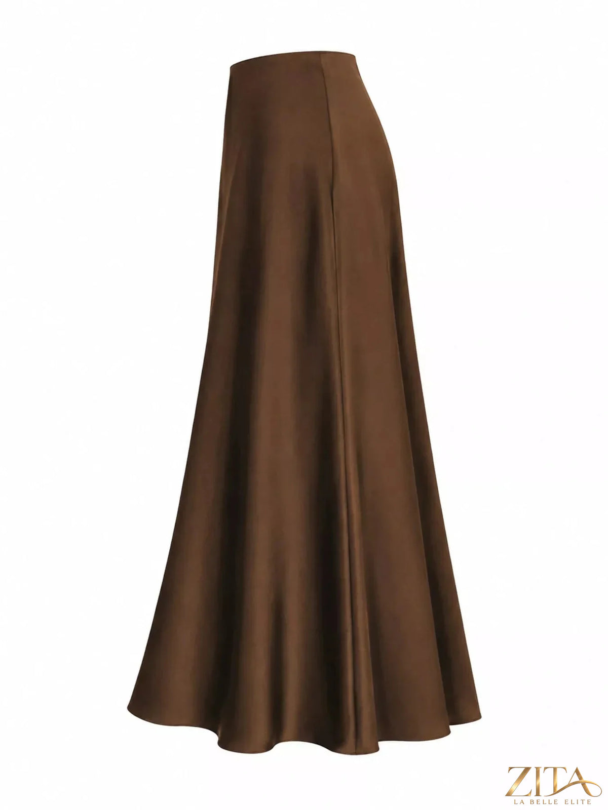 Plus size high-waisted satin midi skirt from Trendsi, showcasing smooth fabric and elegant silhouette.
