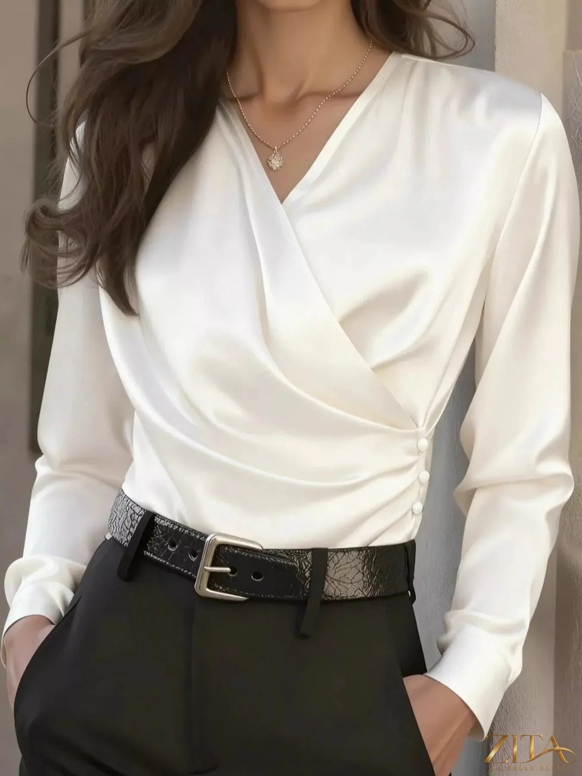 Zita La Belle Elite satin surplice long sleeve blouse with V-neck and elegant draping, shown in a stylish, fitted design.