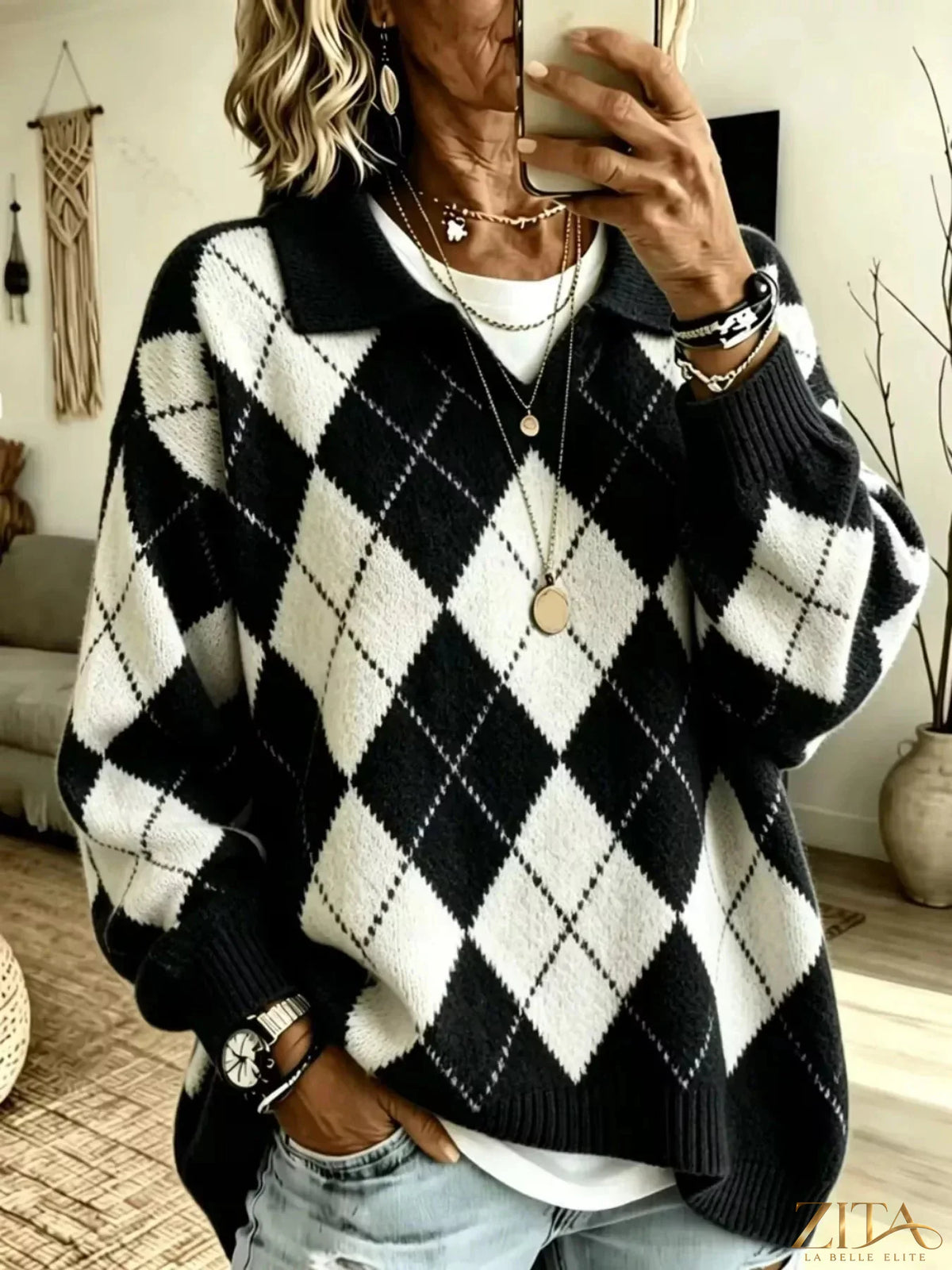 Zita La Belle Elite argyle pattern collared pullover sweater with striped design and ribbed cuffs, displayed on a mannequin.