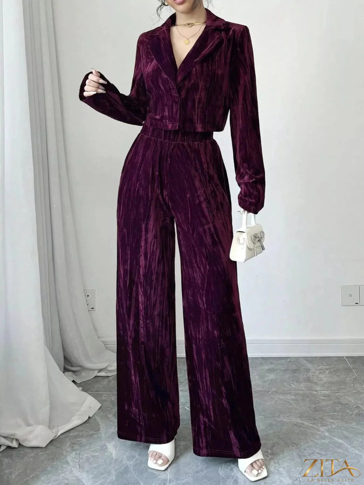 Zita La Belle Elite pleated velvet blazer and wide leg pants set, stylish formal outfit with rich velvet fabric and tailored fit.
