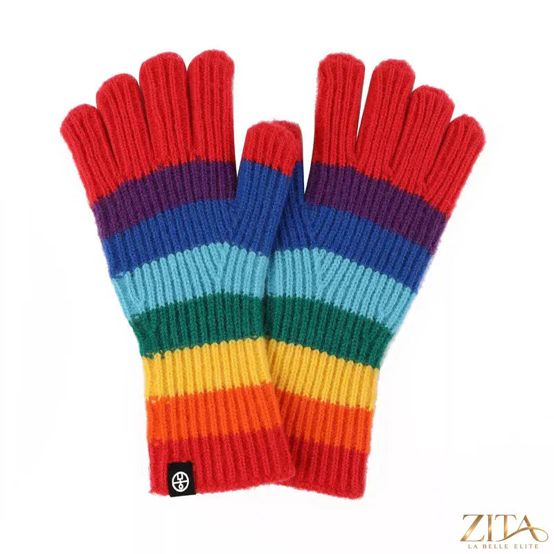 Rainbow striped knitted gloves by Zita La Belle Elite, showing colorful, cozy winter gloves with ribbed cuffs and vibrant stripes.