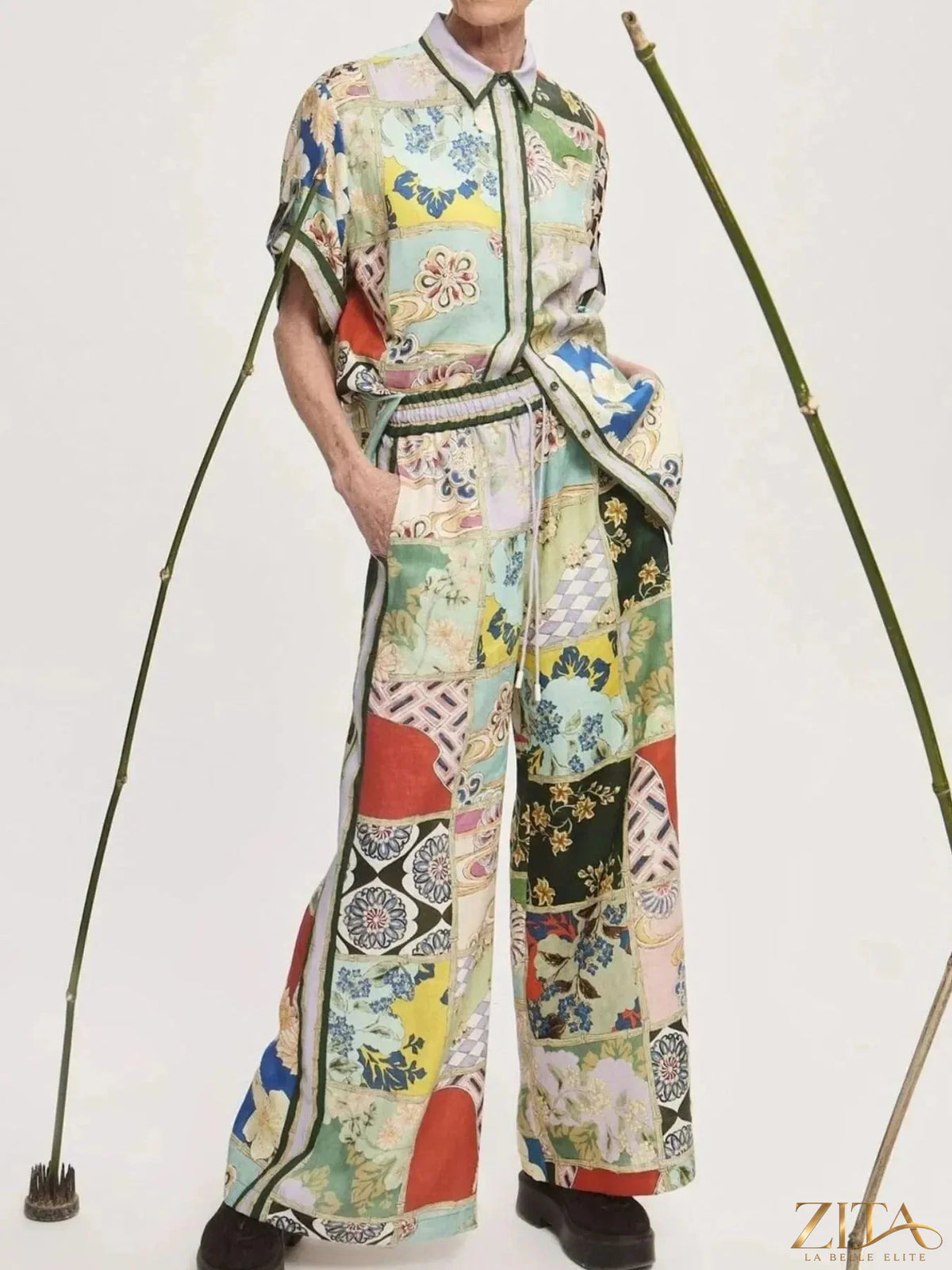 Zita La Belle Elite printed button-up shirt and matching pants set, designed with colorful floral patterns and tailored fit.