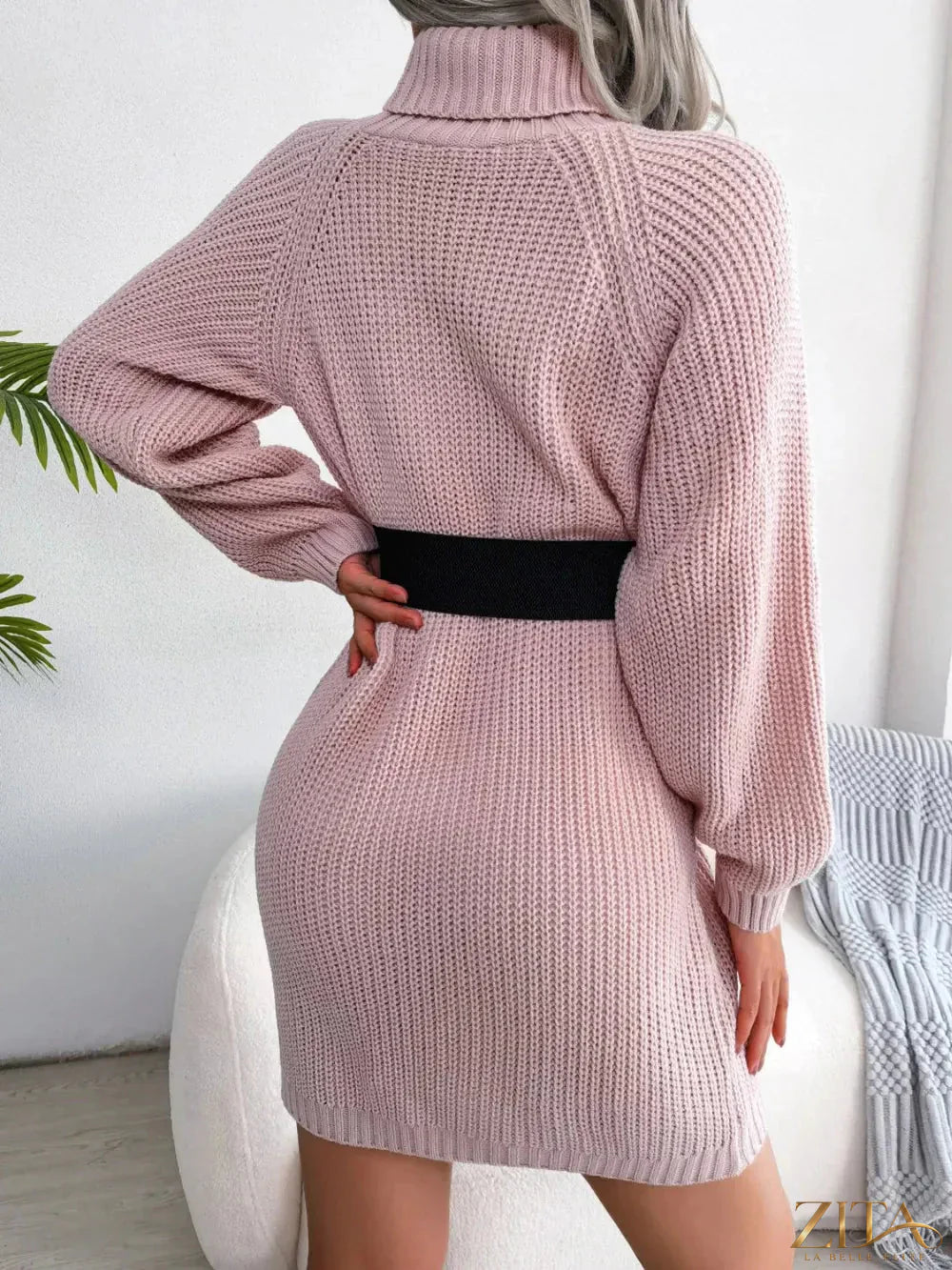 Decorative button turtleneck sweater dress from Trendsi featuring a cozy knit, high neckline, and stylish button details